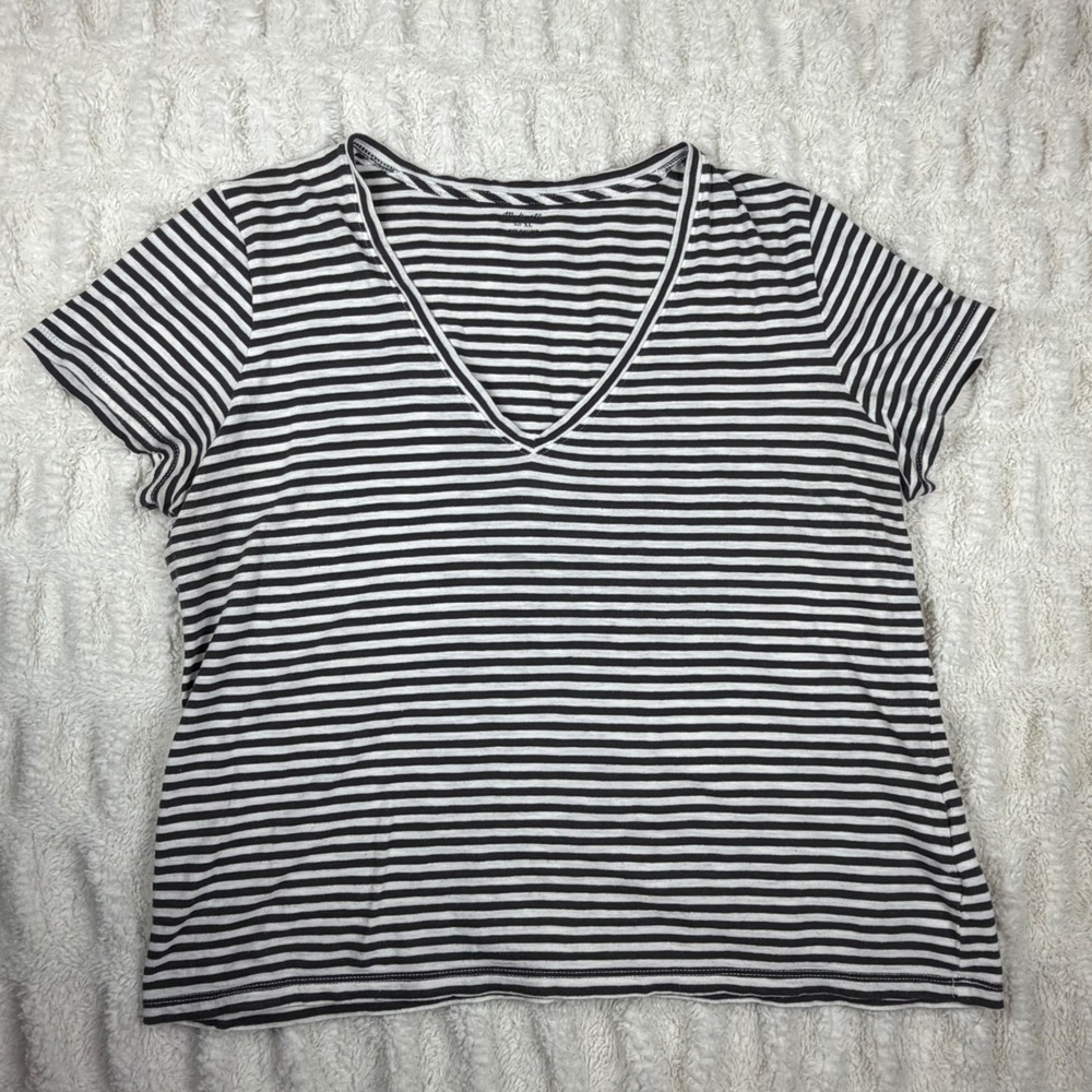 Madewell Womens XL Black White Striped V-Neck Cotton Short Sleeve T-Shirt